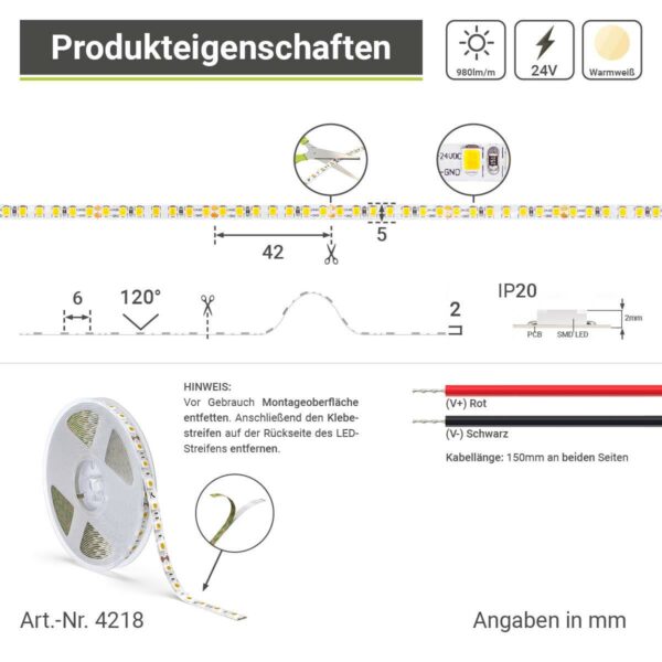 LED Band für indirekte Beleuchtung Warmweiß 2700 Kelvin 24 Volt CRI90 10W/m 168LED/m 5mm IP20