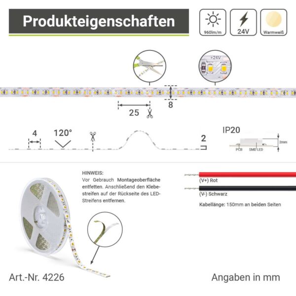 LED Band für indirekte Beleuchtung Warmweiß 2700 Kelvin 24 Volt CRI90 14W/m 240LED/m 8mm IP20