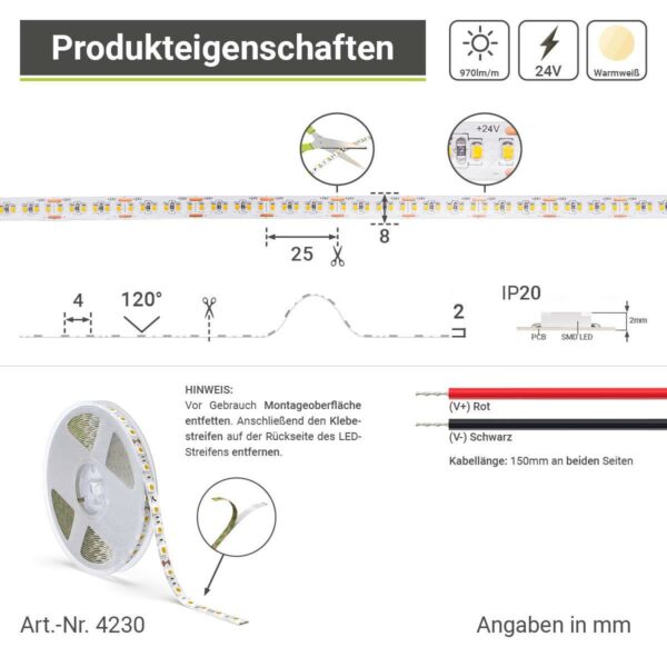 LED Band für indirekte Beleuchtung Warmweiß 2700 Kelvin 24 Volt CRI9014W/m 240LED/m 8mm IP65