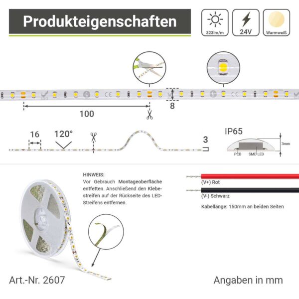 LED Streifen 10 Meter am Stück warmweiß 3000 Kelvin für draußen 4,8W/m 60LED/m 8mm IP65 24 Volt