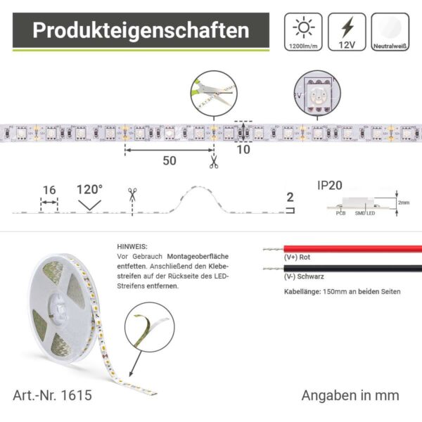 LED Streifen 12 Volt neutralweiß 14,4 Watt IP 20 für Innenanwendungen 5 Meter 4000 Kelvin Breite 10mm