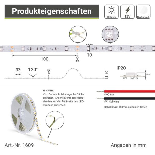 LED Streifen 12 Volt neutralweiß 7,2 Watt IP 20 für Innenanwendungen 5 Meter 4000 Kelvin Breite 10mm