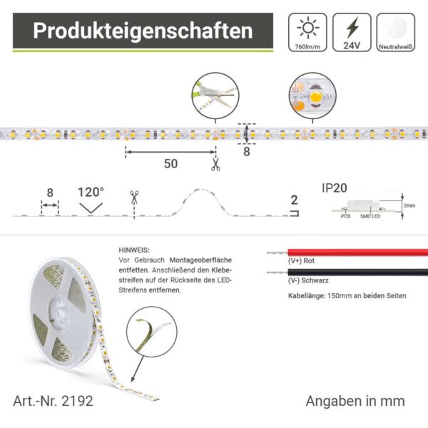 LED Streifen 24 Volt neutralweiß 9,6 Watt IP 20 für Innenanwendungen 5 Meter 4000 Kelvin Breite 8mm