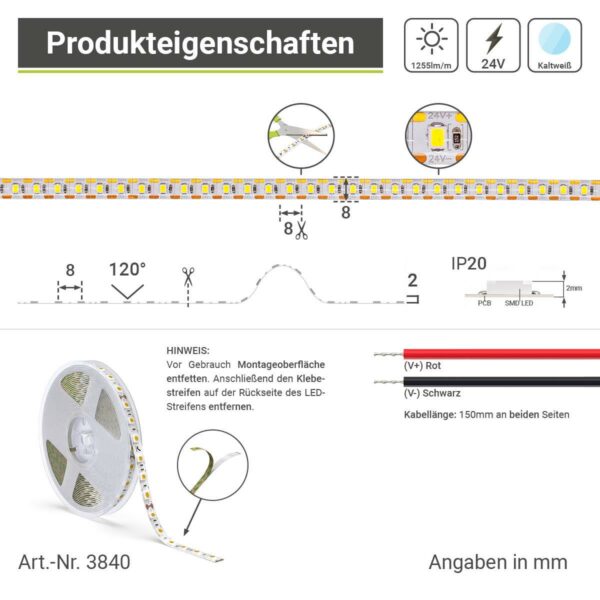 LED Streifen kaltweiß 6000 Kelvin 24 Volt Schutzart IP 65 Single Cut 5 Meter 15W/m 120LED/m 8mm