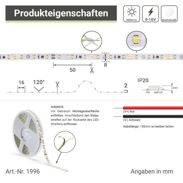 LED Streifen neutralweiss 180 cm SMD3528 4000K 9-16V 4,8W/m IP20