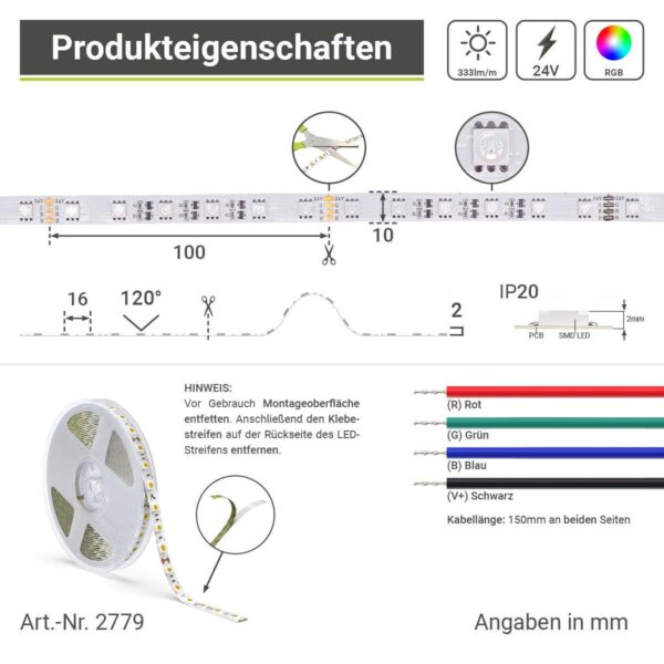 RGB LED Streifen 24 Volt SMD5050 8 Watt IP20 60 LED/m 20m