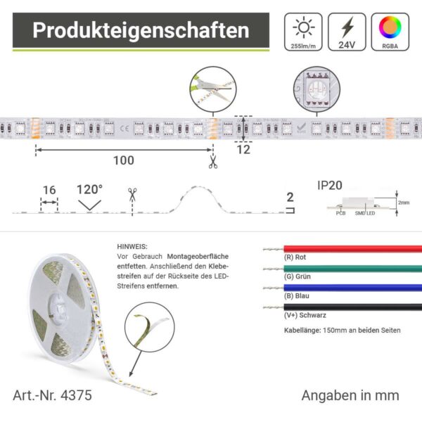 RGBA Bernstein LED Streifen 24 Volt 5 Meter 15W/m 60LED/m 12mm Schutzart IP20 für Innenanwendungen