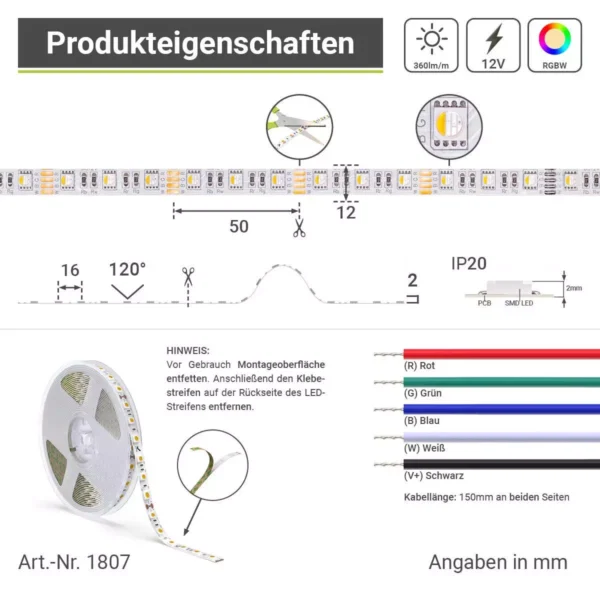 RGBW LED Streifen mit warmweiß 12 Volt 14,4 Watt 5 Meter 60LED/m 12mm Schutzart IP20 für Innenanwendungen