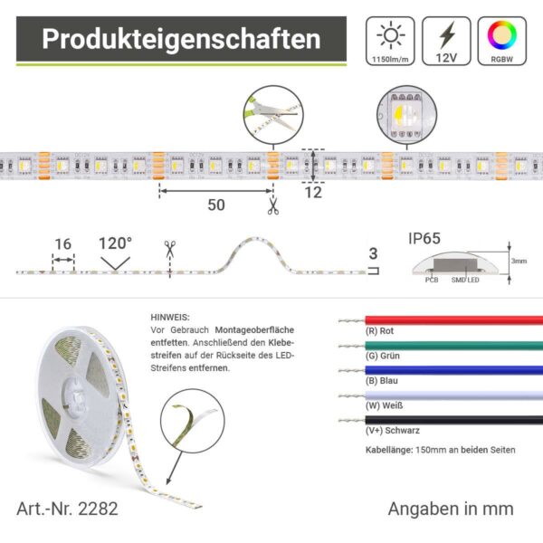 RGBW LED Streifen mit warmweiß 12 Volt 5m 15W/m 60LED/m 12mm Schutzart IP65 für Außenanwendungen