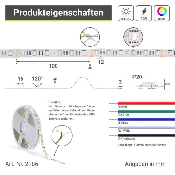 RGBW LED Streifen mit warmweiß 24 Volt 5 Meter 15W/m 60LED/m 12mm Schutzart IP20 für Innenanwendungen