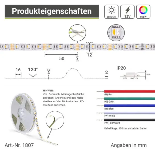 RGBW LED Streifen mit warmweiß IP 20 Schutzart für Innenanwendungen 12 Volt 14,4 Watt-10