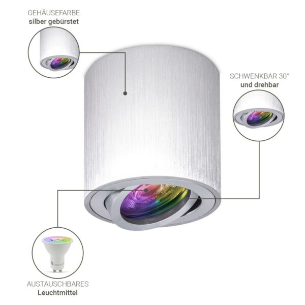 Runder Aufbaustrahler Silber-gebürstet schwenkbar Deckenbeleuchtung LED Leuchtmittel GU10 3 Watt RGBW 230V dimmbar 60°