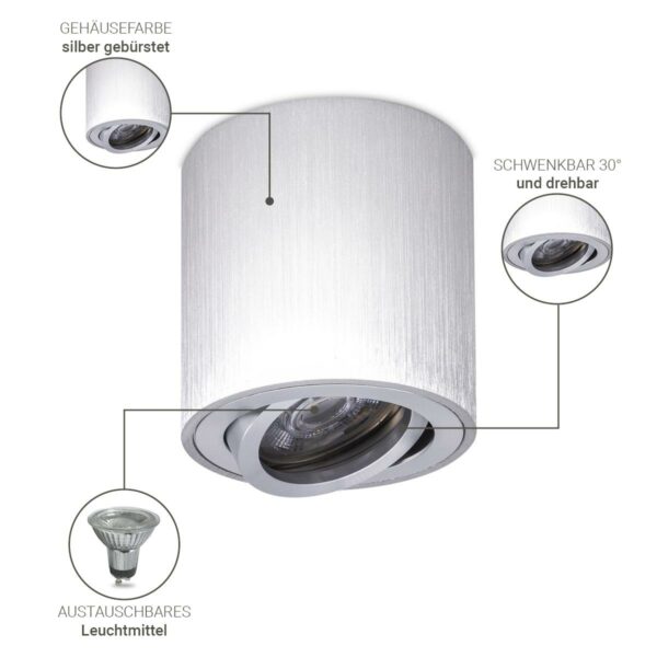 Runder Aufbaustrahler Silber-gebürstet schwenkbar mit GU10 5 Watt neutralweiß 230 Volt 40°