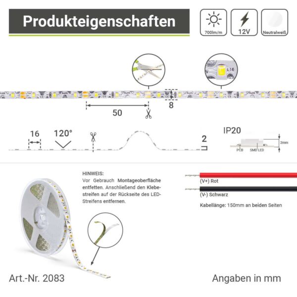 Zick Zack LED Streifen neutralweiß 4000 Kelvin 12 Volt 5 Meter 8W/m 60LED/m 8mm IP20