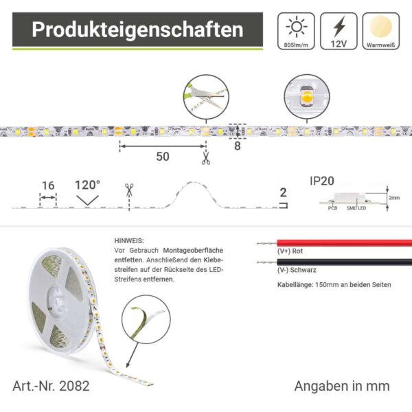 Zick Zack LED Streifen warmweiß 3000 Kelvin 12 Volt 5 Meter 8W/m 60LED/m 8mm Schutzart IP20