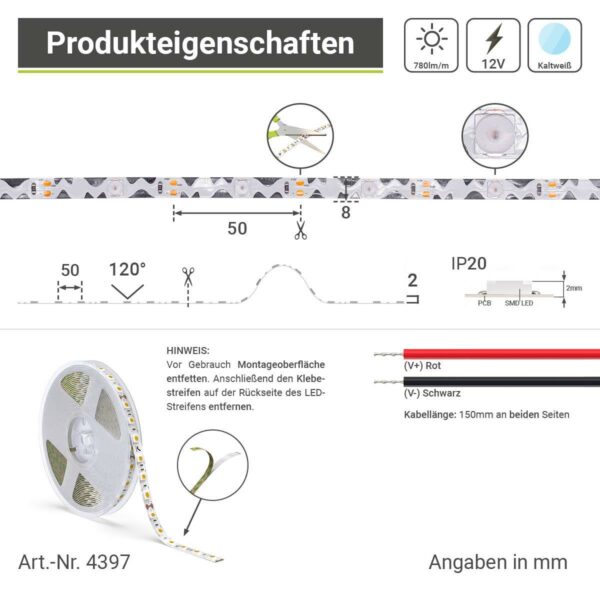 ZickZack LED Streifen Kaltweiß 6000 Kelvin 12 Volt 5 Meter 9W/m 20LED/m 8mm IP20