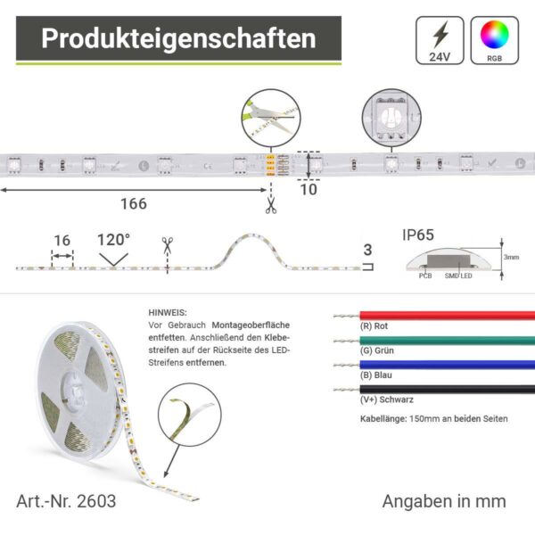 10 Meter LED Streifen RGB 24 Volt IP 65 Schutzart für Außenanwendungen