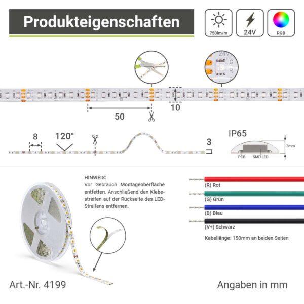 10 mm LED Streifen RGB 5 Meter 120 LED/m IP65 24 Volt 18 Watt /m