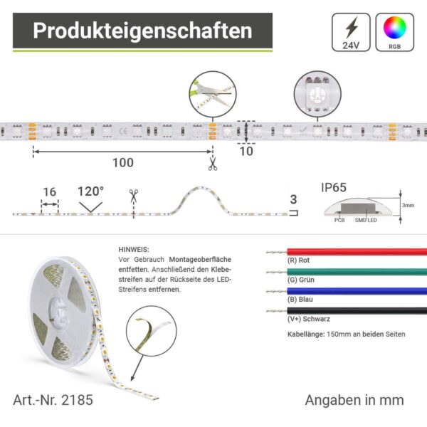 10 mm LED Streifen RGB 5 Meter 60 LED/m IP65 24 Volt 14,4 Watt /m