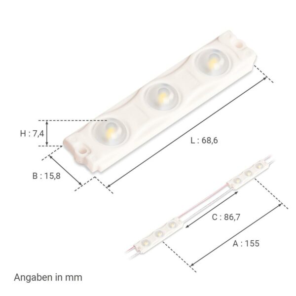 12 Volt LED Modul kaltweiß 6500 Kelvin SMD2835 1,08W IP68