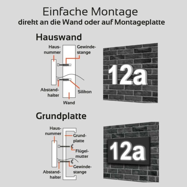 Das Cover für die LED Hausnummer 5 ist aus rostfreiem Edelstahl und wird auf die Leuchtseite der LED-Hausnummer geklebt. Die Edelstahl Abdeckung hat eine Höhe von 1 mm und hat rückseitig einen doppelseitigen Klebestreifen (3M) mit einer Dicke von 0,5 mm. Nach dem korrekten Ankleben beträgt der Abstand zwischen dem Rand der Metallabdeckung und der LED-Hausnummer 2 mm. Das Licht wird durch diesen 2 mm breiten Spalt abgegeben. Die Konturen des Covers werden durch das Licht der LED-Hausnummer deutlich abgezeichnet. Tagsüber hat die dreidimensionale Hausnummer ein metallisches Aussehen. Bei Dunkelheit und eingeschalteter LED-Hausnummer zeichnen Lichtlinien die Metallabdeckung nach. Die Hausnummer ist bei Dunkelheit deutlich identifizierbar. Diese LED Hausnummer 5 ist mit der Schutzart IP65 ausgestattet und verfügt 3 einstellbare Lichtfarben. Wählen Sie zwischen Warmweiß (2700K), Neutralweiß (4000K) und Kaltweiß (6500K). Die Lichtfarbe können Sie mit einem Schalter frei wählen und nach belieben einstellen oder ändern. Aufgrund der Schutzart ist diese LED Hausnummer für Aussenanwendungen geeignet, die Hausnummer ist gegen Strahlwasser aus allen Richtungen geschützt und außerdem staubdicht. Für die Inbetriebnahme der LED Hausnummern benötigen Sie ein passendes LED Netzteil, oder eine Grundplatte / Montageplatte, hier ist das Netzteil mit Schaltern schon integriert. Grundplatten bieten wir in anthrazit und in weiß an. Das Netzteil mit Schalter ist bei jeder Grundplatte im Lieferumfang enthalten. Die LED Hausnummer hat eine Höhe von 15 cm und wird mit einem 50 cm langen Anschlusskabel geliefert. Schriftart ist Arial Bold. Für die einfache und direkte Montage an einer Hauswand ist folgendes Zubehör im Lieferumfang enthalten: Montageschablone mit Klebestreifen Abstandshalter Flügelmutter Gewindestange mit 50 cm Anschlußkabel Montage der LED Hausnummern Das 50 cm lange Anschlusskabel wird am 4-fach Verteiler des Netzteils wasserdicht (Schutzart IP65) angeschlossen.Unsere LED Hausnummern werden im modernen Spritzgussverfahren hergestellt. Im Gehäuse der LED-Hausnummernleuchte ist eine Platine mit CCT LEDs untergebracht. Die leuchtende LED Hausnummer überzeugt mit einem geringen Stromverbrauch und einer langen Lebensdauer. Montage der LED Hausnummer ohne Grundplatte Es gibt 2 Möglichkeiten die LED Hausnummer zu montieren. Bei der Standardvariante wird die LED Hausnummer direkt im Mauerwerk befestigt. Die Hausnummern und Buchstaben verfügen auf der Rückseite über eingebaute Gewinde. Dabei werden die zum Lieferumfang gehörenden Gewindestangen direkt hinten in das Gewinde hineingeschraubt und in die Bohrlöcher im Mauerwerk hineingesteckt. Eine Schablone gehört ebenfalls zum Lieferumfang. Bohren Sie vorher die Löcher und füllen Sie diese mit Silikon aus. Stecken Sie danach die Gewindestangen die Sie bereits in die Hausnummer hineingedreht haben, in das Mauerwerk. Bedenken Sie dabei, daß Sie nicht nur für die Gewindestangen ein Loch bohren müssen, sondern auch für die Stromversorgung. Montage der LED Hausnummer mit Grundplatte Die leuchtenden LED Hausnummern können auch mit einer Grundplatte (als Zubehör erhältlich) an eine Hauswand montiert werden. Kabel, 4-fach Stecker, LED Netzteil und Schalter verschwinden unsichtbar hinter dieser Grundplatte. Bitte achten Sie darauf, dass die Breite der Grundplatte abhängig von ihrer Hausnummer ist, also von der Anzahl der Zahlen und Buchstaben.