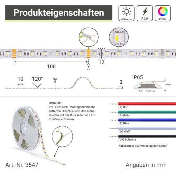 LED Streifen 24V RGBW dimmbar mit kaltweiß | 6000 Kelvin | 7,50 Meter | Schutzart IP65 | 12 mm breit | 15 Watt/m | 60LED/m