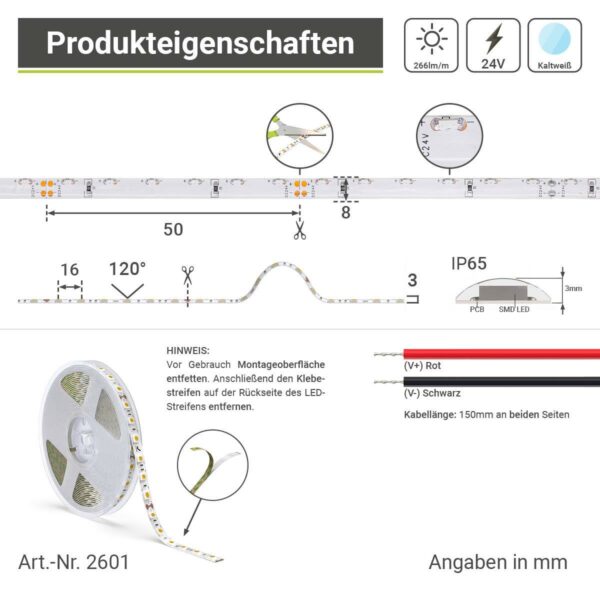 LED Streifen 6000 Kelvin SideView Kaltweiß 24 Volt 10 Meter 5 Watt/M 60LED/M 8mm IP65