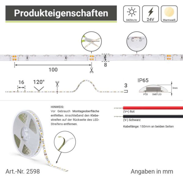 SideView Warmweiß 24 Volt LED Streifen 5M 5W/M 60LED/M 8mm IP65 3000K