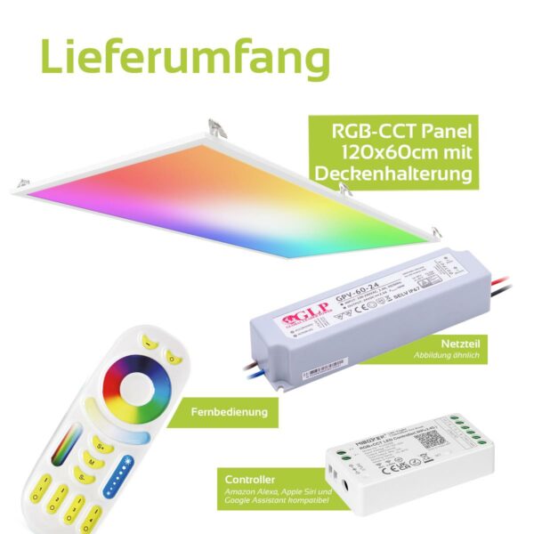 24 Volt RGB+CCT LED Panel Set 120x60cm in weiß mit Deckenhalterung Clips