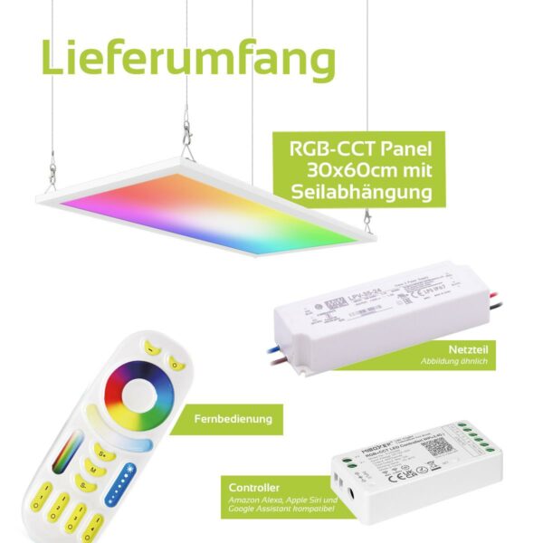 24 Volt RGB+CCT LED Panel Set 60×30 cm mit Seilabhängung zum Abhängen von der Zimmerdecke