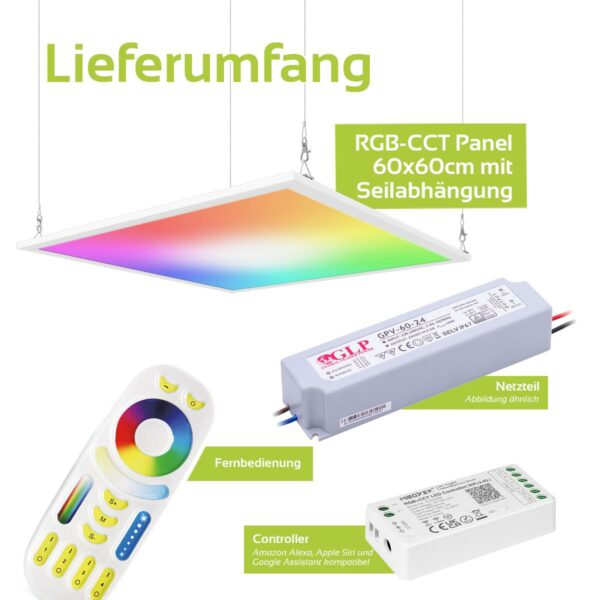 24 Volt RGB+CCT LED Panel Set 60×60 cm mit Seilabhängung zum Abhängen an der Zimmerdecke