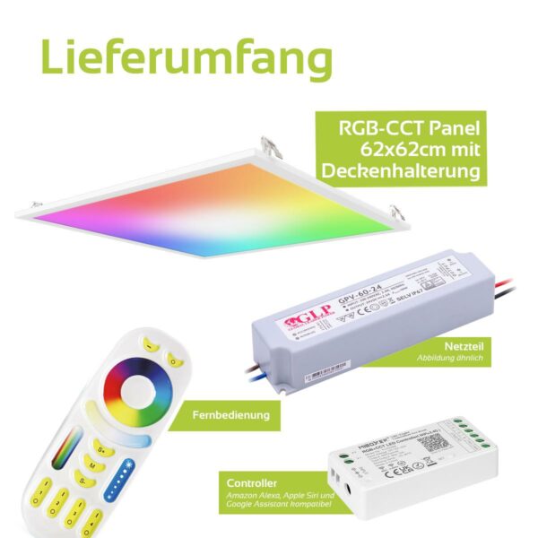 24 Volt RGB+CCT LED Panel Set 62x62 cm mit Deckenhalterung Clips