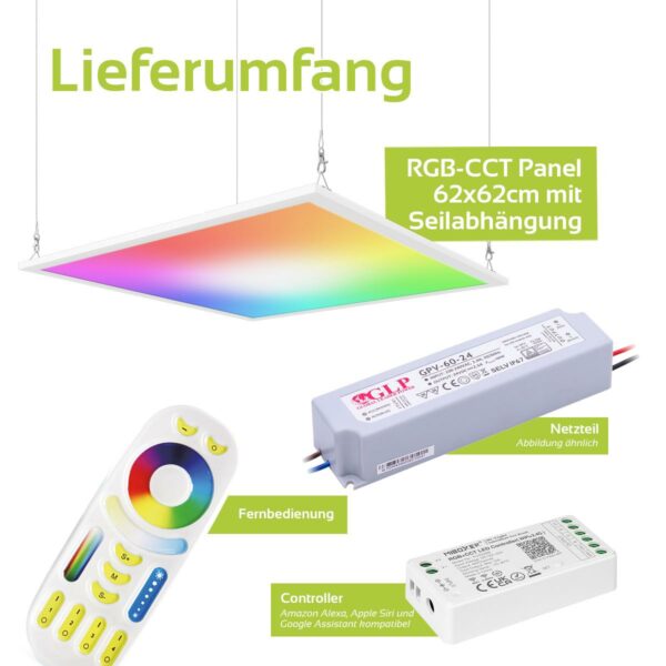 24 Volt RGB+CCT LED Panel Set 62x62 cm mit Seilabhängung zum Abhängen von der Zimmerdecke