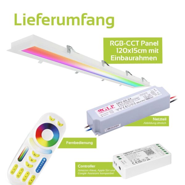 24 Volt RGB+CCT Panel 120x15cm weiß mit Einbaurahmen in weiß