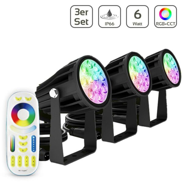 3er Set MiBoxer FUTC08 Runder RGB + CCT LED Gartenstrahler 6 Watt WiFi 24 Volt