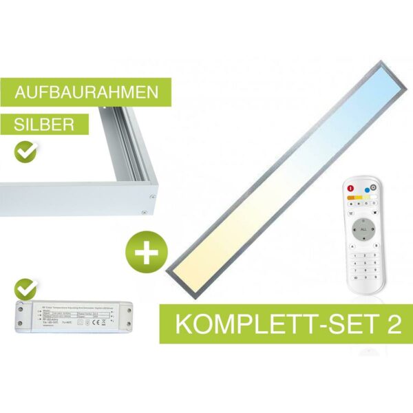 CCT LED Panel Set A | 120x15cm 36W 3000K- 6000K Aufbaurahmen silber Netzteil Fernbedienung