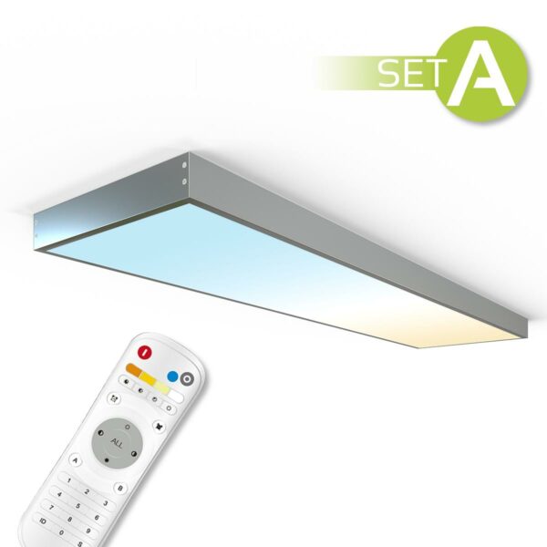 CCT LED Panel Set A | 120x30cm 36W 3000K- 6000K mit Aufbaurahmen in silber | Netzteil und Fernbedienung