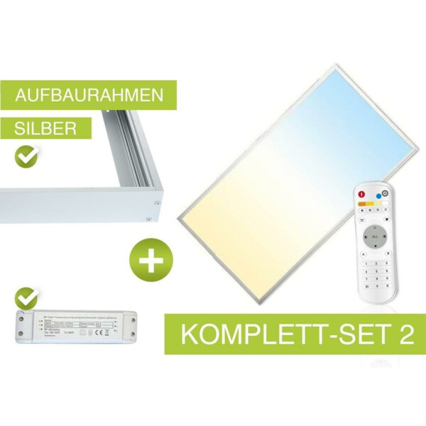 CCT LED Panel Set A | 120x60cm 60W 3000K-6000K mit Aufbaurahmen in silber Netzteil und Fernbedienung