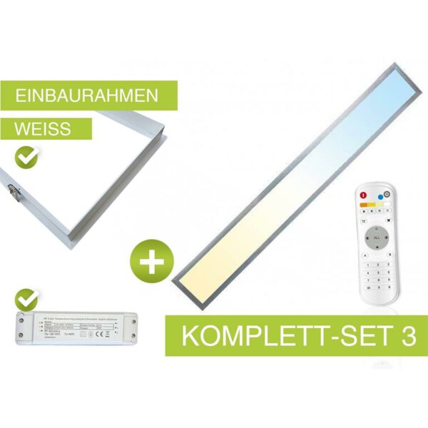 CCT LED Panel Set E | 120x15cm 36W 3000K- 6000K mit Einbaurahmen in weiß Netzteil und Fernbedienung