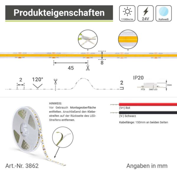 COB LED Streifen 5 Meter kaltweiß 6500 Kelvin 24 Volt 10W/m 528LED/m 8mm IP20