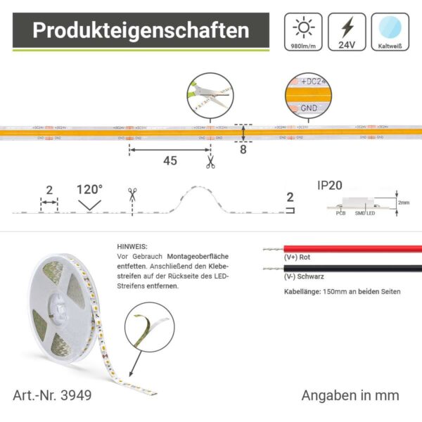 COB LED Streifen kaltweiß 6500 Kelvin 5 Meter 24 Volt 10W/m 528LED/m 8mm IP20