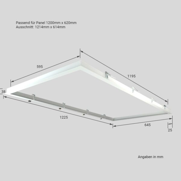 Das Bild zeigt den Einbaurahmen mit Maßangaben für das 24 Volt RGB+CCT LED Panel Set 120x60cm in weiß