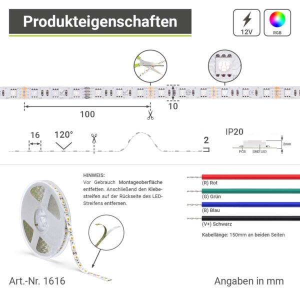 LED Streifen RGB 12 Volt 5 Meter 14,4W/m 60LED/m 10mm IP20 Farbwechsel