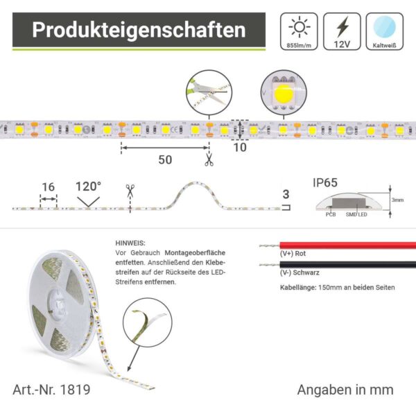 LED Streifen kaltweiß 6000 Kelvin 12 Volt 5 Meter 10 mm breit 14,4W/m 60LED/m Schutzart IP65