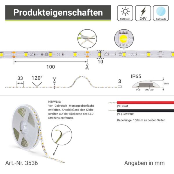 LED Streifen kaltweiß 6000 Kelvin 12 Volt 5 Meter 10 mm breit 7,2W/m 30LED/m Schutzart IP65