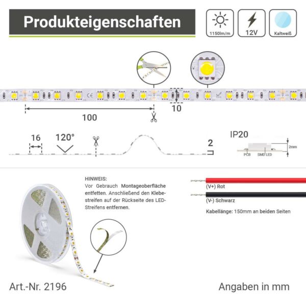 LED Streifen kaltweiß 6000 Kelvin 24 Volt 5 Meter 14,4W/m 60LED/m 10mm IP20