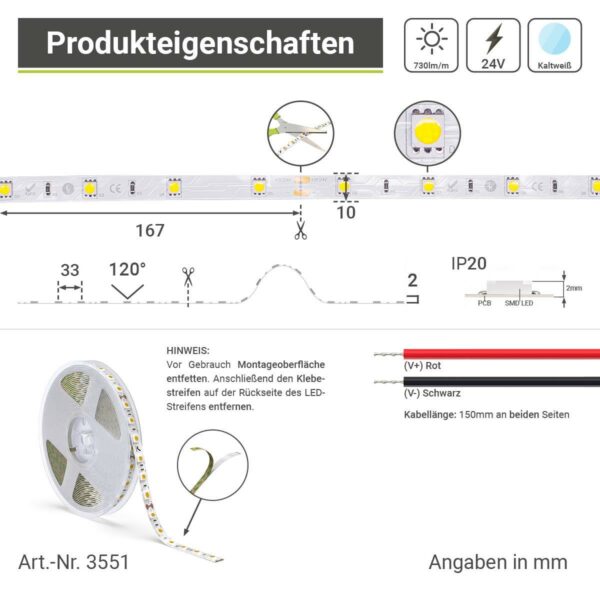 LED Streifen kaltweiß 6000 Kelvin 24 Volt 5 Meter 7,2W/m 30LED/m 10mm IP20