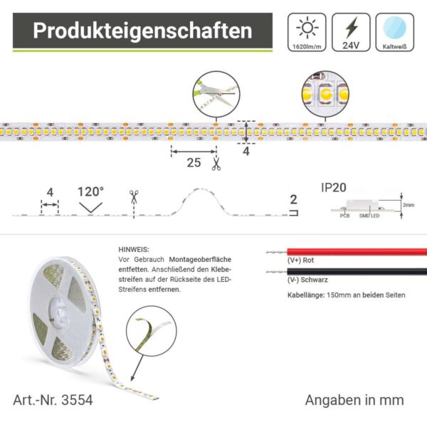 LED Streifen kaltweiß 6000 Kelvin 5 Meter 24 Volt 19,2W/m 240LED/m 10mm IP20