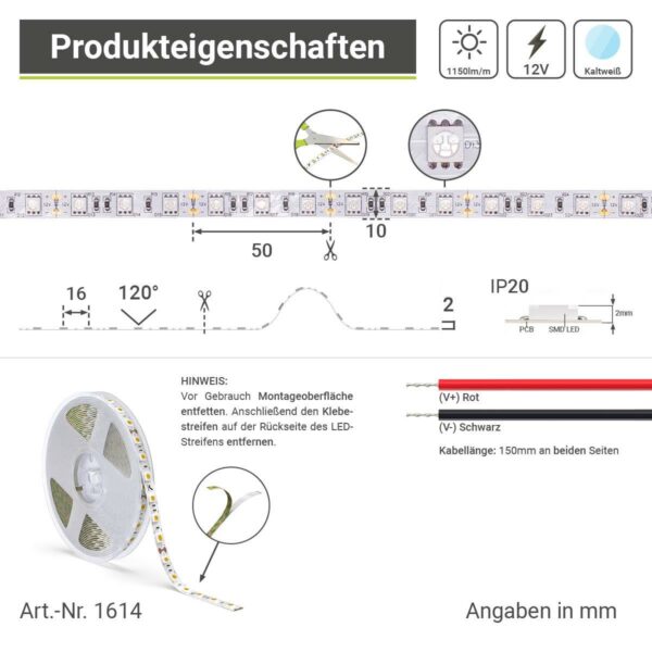 LED Strip kaltweiß 6000 Kelvin 12 Volt 5 Meter 14,4W/m 60LED/m 10mm IP20