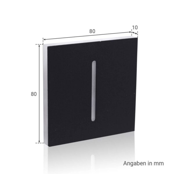 Das Bild zeigt die Abmessungen der LED Treppenleuchte IP44 eckig schwarz - Lichtfarbe: Kaltweiß 1,5 Watt - Lichtaustritt: Fokus